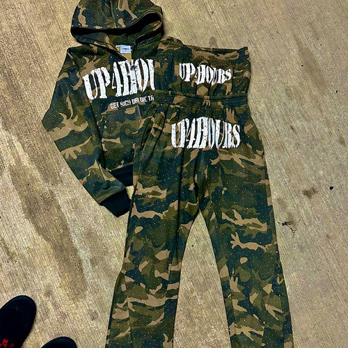 Custom Streetwear Camo Camouflage Tracksuits Rhinestone double Triple Layer Waistbands Hoodie and Sweatpants Set
