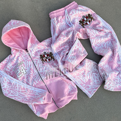 Dtg Printing Zip Up Street Wear Tracksuits Baggy Sweatpants And Hoodie Full Sleeve