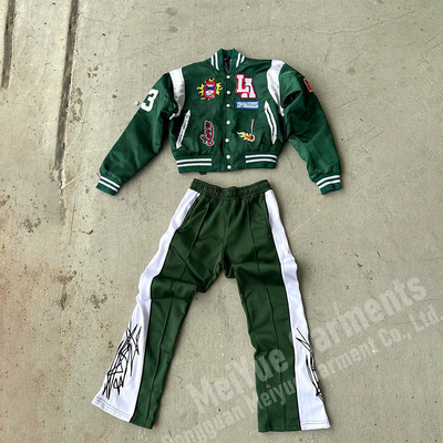 Chenille Embroidery Nylon Bomber Jacket Tracksuit Flared Sweatpants And Jacket Set