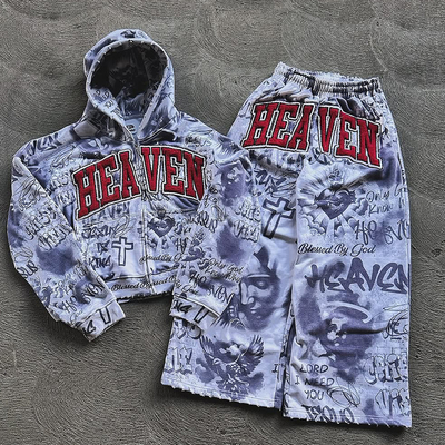 Custom Logo Zip Up Hoodie Tracksuit Acid Washed