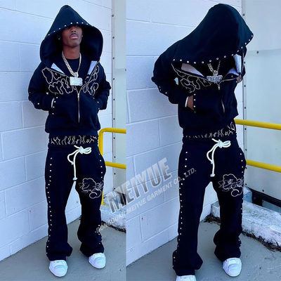 OEM Manufacturer Custom Double Waisted Baggy Stacked Pants Sweat Suit Y2k Diamond Rhinestone Flare Sweatpants and Hoodie Sets