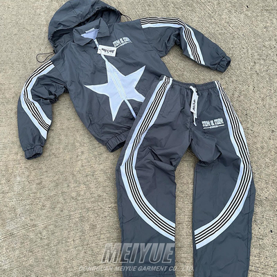 Custom Techwear Windbreaker Tracksuit Nylon Stripe Ribbed Detachable Hoodie And Sweatpants Set