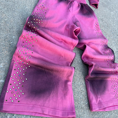 OEM Manufacturer Custom Rhinestone Zip up Hoodie Three Zippers Acid Washed Tracksuits Dirty Sweatpants and Hoodie Sets
