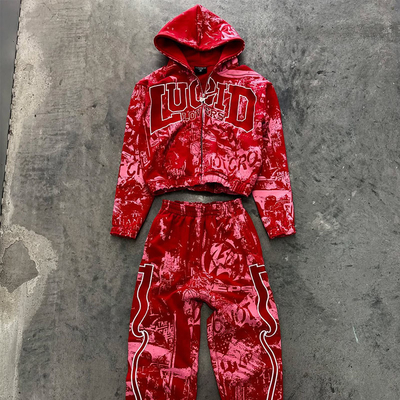 Custom Tracksuits Men Full All Over Dtg Print Zip up Hoodie Streetwear Baggy Stacked Vintage Flared Sweatpants and Hoodies Set