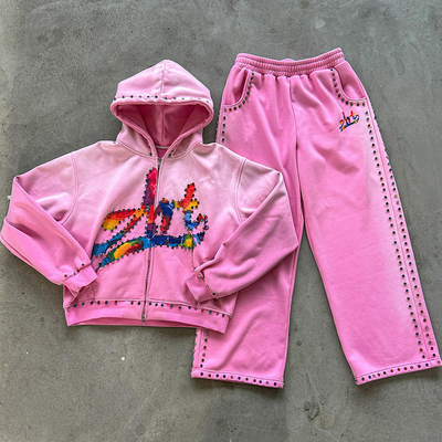 acheter Ensemble de sweat-shirts à capuche en diamant rose personnalisé Rhinestone Acid Wash Vintage Hoodies brodés Sweat Pants Sweat Suits Hoodie et Sweat Pants Set fabrication en ligne