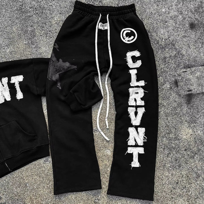 Autumn Mens Streetwear Sweatsuits Two Piece Track Set Applique Distressing Embroidery