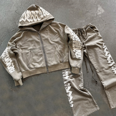 kaufen Custom 100% Baumwolle Distressed Stickerei Applique Stickerei Patch Zip-up Plain Hoodies Fitness Männerjacken Tracks für Männer Online-Herstellung