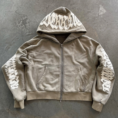 Custom 100% Cotton Distressed Embroidery Applique Embroidery Patch Zip up Plain Hoodies Fitness Men's Jackets Tracksuits for Men