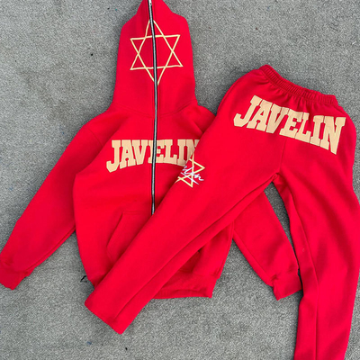 Custom French Terry Streetwear Full Face Zip up Hoodie Binding Embroidery Patch Logo Drop Shoulder Red Hoodie and Sweatpants Set