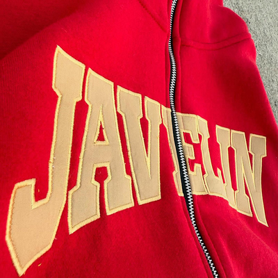 Custom French Terry Streetwear Full Face Zip up Hoodie Binding Embroidery Patch Logo Drop Shoulder Red Hoodie and Sweatpants Set