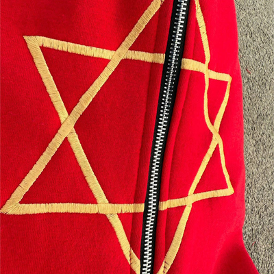 Custom French Terry Streetwear Full Face Zip up Hoodie Binding Embroidery Patch Logo Drop Shoulder Red Hoodie and Sweatpants Set