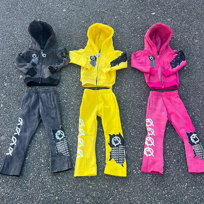 Custom Manufacturers Vintage Heavyweight Acid Wash Tracksuits Zip up Cropped Hoodie Track Pant Hoodies and Sweatpants Set