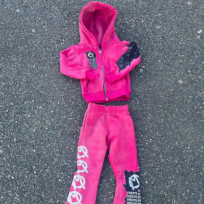 Custom Manufacturers Vintage Heavyweight Acid Wash Tracksuits Zip up Cropped Hoodie Track Pant Hoodies and Sweatpants Set