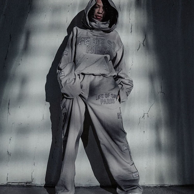 Custom Rhinestone  Sweat Suit Pullover Distressed Masked Embroidered Patch Hoodies Baggy Stacked Flare Sweat Pant Tracksuit