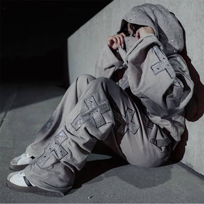 Custom Rhinestone  Sweat Suit Pullover Distressed Masked Embroidered Patch Hoodies Baggy Stacked Flare Sweat Pant Tracksuit