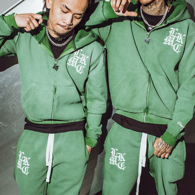 Custom Jogger Sweatsuit Embroidery logo Zip up Distressed Acid Wash Hoodies Flare Sweatpants Track Suit Joggers Streetwear Set