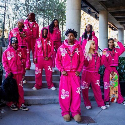 Custom Logo Pink Zipper Hoodie Set Embroidery Patch Distressed Screen Printing Sweat Jogging Suits Tracksuit Unisex Streetwear