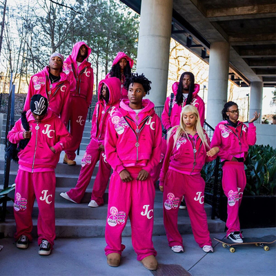 Custom Logo Pink Zipper Hoodie Set Embroidery Patch Distressed Screen Printing Sweat Jogging Suits Tracksuit Unisex Streetwear
