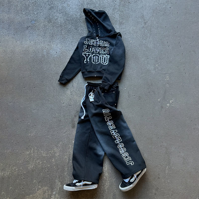 Custom Tracksuits Distressed Zip up Rhinestone Acid Wash Hoodie Jogger Set Vintage Sweat Suit Unisex Streetwear Sweatpants Set