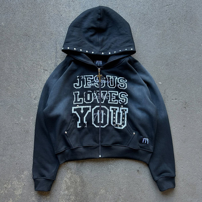 Custom Tracksuits Distressed Zip up Rhinestone Acid Wash Hoodie Jogger Set Vintage Sweat Suit Unisex Streetwear Sweatpants Set