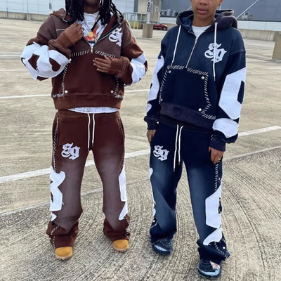 Custom Reverse Embroidery Logo Streetwear Pullover Vintage Half Zipper Acid Wash Distressed Flared Sweatpants and Hoodie Set