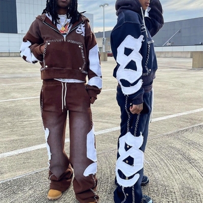 Custom Reverse Embroidery Logo Streetwear Pullover Vintage Half Zipper Acid Wash Distressed Flared Sweatpants and Hoodie Set