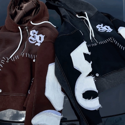 Custom Reverse Embroidery Logo Streetwear Pullover Vintage Half Zipper Acid Wash Distressed Flared Sweatpants and Hoodie Set