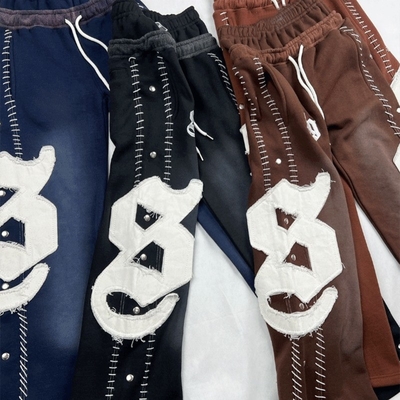 Custom Reverse Embroidery Logo Streetwear Pullover Vintage Half Zipper Acid Wash Distressed Flared Sweatpants and Hoodie Set