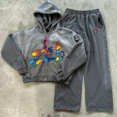 Custom Diamond Hoodie Set Rhinestone Acid Washed Vintage Embroidered Hoodies Sweat Pant Heavyweight Hoodie And Sweatpants Set