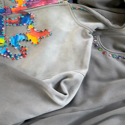 Custom Diamond Hoodie Set Rhinestone Acid Washed Vintage Embroidered Hoodies Sweat Pant Heavyweight Hoodie And Sweatpants Set