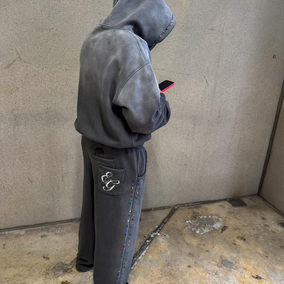 Custom Diamond Hoodie Set Rhinestone Acid Washed Vintage Embroidered Hoodies Sweat Pant Heavyweight Hoodie And Sweatpants Set