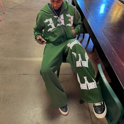 Custom Zip Up Hoodie Embroidery Rhinestone Patch Diamond Acid Wash Hoodies Loose Baggy Sweatpants Tracksuit Hoodie Jogger Set