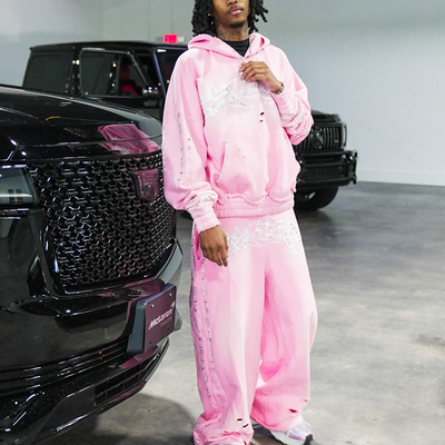 Rhinestone Embroidered Patch Distress Sweat Suit Acid Wash Vintage logo Baggy Tracksuit Manufacturer Custom
