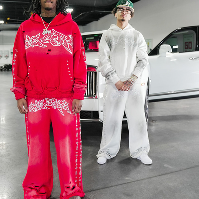 Rhinestone Embroidered Patch Distress Sweat Suit Acid Wash Vintage logo Baggy Tracksuit Manufacturer Custom
