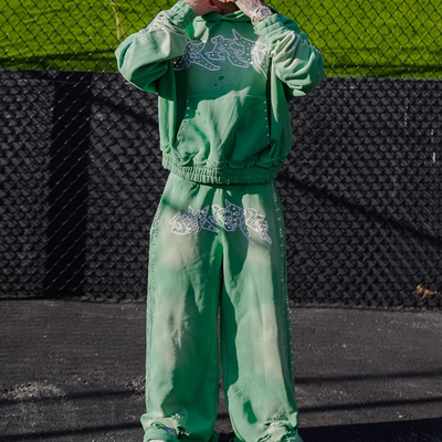 Rhinestone Embroidered Patch Distress Sweat Suit Acid Wash Vintage logo Baggy Tracksuit Manufacturer Custom