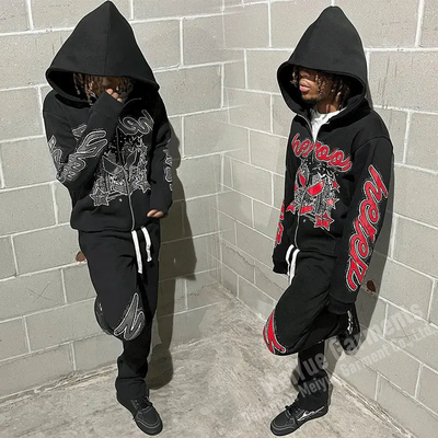 Custom Print Vintage Zipper Rhinestone Hoodies Sweatsuits Unisex Sets Flared Sweat Pants Zip up Hoodie Set Tracksuits for Men
