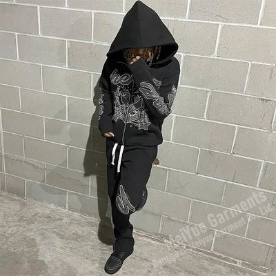 Custom Print Vintage Zipper Rhinestone Hoodies Sweatsuits Unisex Sets Flared Sweat Pants Zip up Hoodie Set Tracksuits for Men