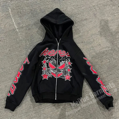 Custom Print Vintage Zipper Rhinestone Hoodies Sweatsuits Unisex Sets Flared Sweat Pants Zip up Hoodie Set Tracksuits for Men