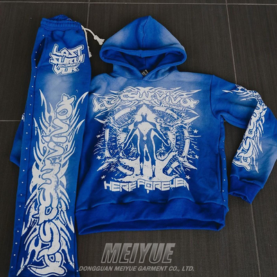 Custom Digital Print Dtg Logo Vintage Bold Acid Wash Hoodie Baggy Cotton Flare Sweat Pants Tracksuits Sweatpants and Hoodie Set