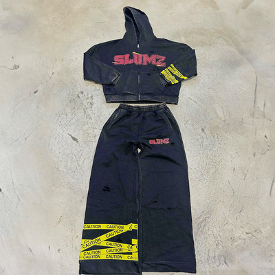 Acid Washed Sweatsuit Custom Zip up Vintage Screen Print Cropped Hoodies Tracksuit Baggy Flared Sweat Pant and Hoodie Set Men