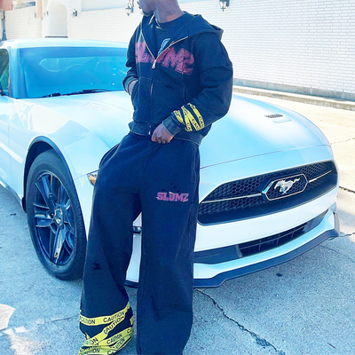 Acid Washed Sweatsuit Custom Zip up Vintage Screen Print Cropped Hoodies Tracksuit Baggy Flared Sweat Pant and Hoodie Set Men