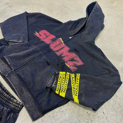 Acid Washed Sweatsuit Custom Zip up Vintage Screen Print Cropped Hoodies Tracksuit Baggy Flared Sweat Pant and Hoodie Set Men