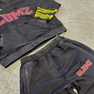 Acid Washed Sweatsuit Custom Zip up Vintage Screen Print Cropped Hoodies Tracksuit Baggy Flared Sweat Pant and Hoodie Set Men