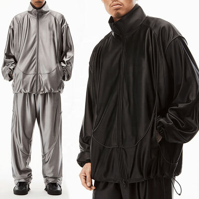 Dobra cena. Logo na zamówienie Ciężkie ubrania uliczne Vintage Blank Faux Turtlenecks Skóra Zestaw Zip Up Jacket płaszcz Sweatpants Dwuczęściowe zestawy Mężczyźni w Internecie