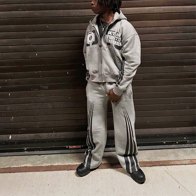 Tracksuits Men Zipper Rhinestone Acid Wash Vintage Hoodie Stripe Design Track Sweatpants and Hoodie Set Custom Screen Print Logo