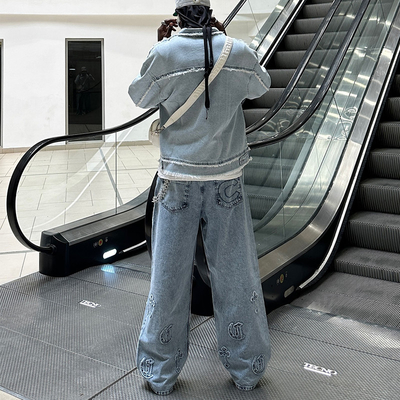 Clothing Manufacturers Custom Denim Sweatsuits Distressed Design Jacket and Straight Baggy Loose Jean Mens Sweatpants Tracksuit