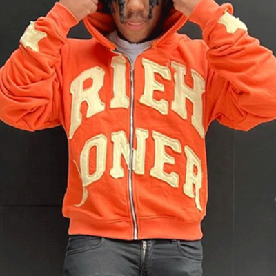 Applique Embroidered Patches Logo Acid Wash Zip Up Hoodie Heavyweight