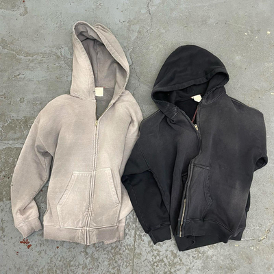 No String Plain Fleece Hoodie Blank Zip Up Vintage Acid Wash Sweatshirt Anti Shrink