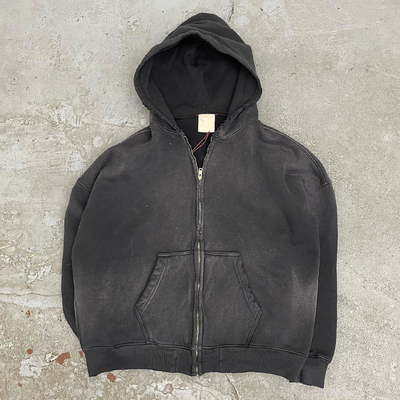 No String Plain Fleece Hoodie Blank Zip Up Vintage Acid Wash Sweatshirt Anti Shrink