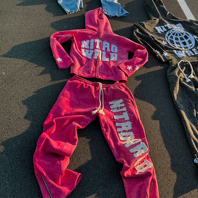 Clothing Manufacturers Custom High Street Rhinestone Distress Embroidered Patch Zipper Hoodies and Sweat Pants Track Suits Set